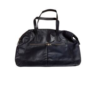 KNMNO Dark Blue Leather Tote Bag Unisex Business Zippered Compartments